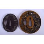 TWO 19TH CENTURY JAPANESE MEIJI PERIOD MIXED METAL INLAID BRONZE TSUBA. Largest 6 cm x 7.5 cm. (2)