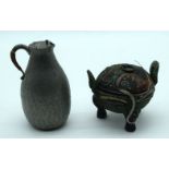 A Small Chinese mixed metal lidded censer and a jug. 12cm (2).