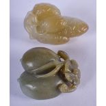 TWO CHINESE CARVED GREEN JADE FRUITING PODS 20th Century. Largest 6 cm x 3.5 cm. (2)