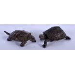 TWO JAPANESE BRONZE TORTOISE OKIMONO. 5 cm x 3 cm. (2)