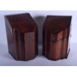 TWO GEORGE III MAHOGANY KNIFE BOXES. Largest 38 cm x 22 cm. (2)