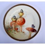 Early 20th c. Cauldon plate painted with blue tits on toad stools by R. Barratt, signed. 26.5cm di