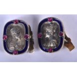 A PAIR OF CONTINENTAL SILVER AND ENAMEL GEM SET CUFFLINKS. 16 cm long. 1.75 cm x 1.5 cm.