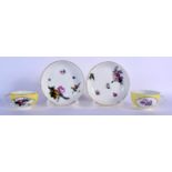 18th c. Meissen pair of yellow ground teacups and saucer painted with flowers in panels, crossed swo