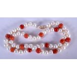 A 14CT GOLD PEARL AND CORAL NECKLACE. 40 cm long.