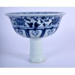A CHINESE BLUE AND WHITE PORCELAIN STEM CUP 20th Century, painted with dragons. 10 cm x 12 cm.
