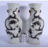 A LARGE PAIR OF 19TH CENTURY CHINESE CRACKLE GLAZED GE TYPE CRACKLED VASES Qing. 46 cm high.