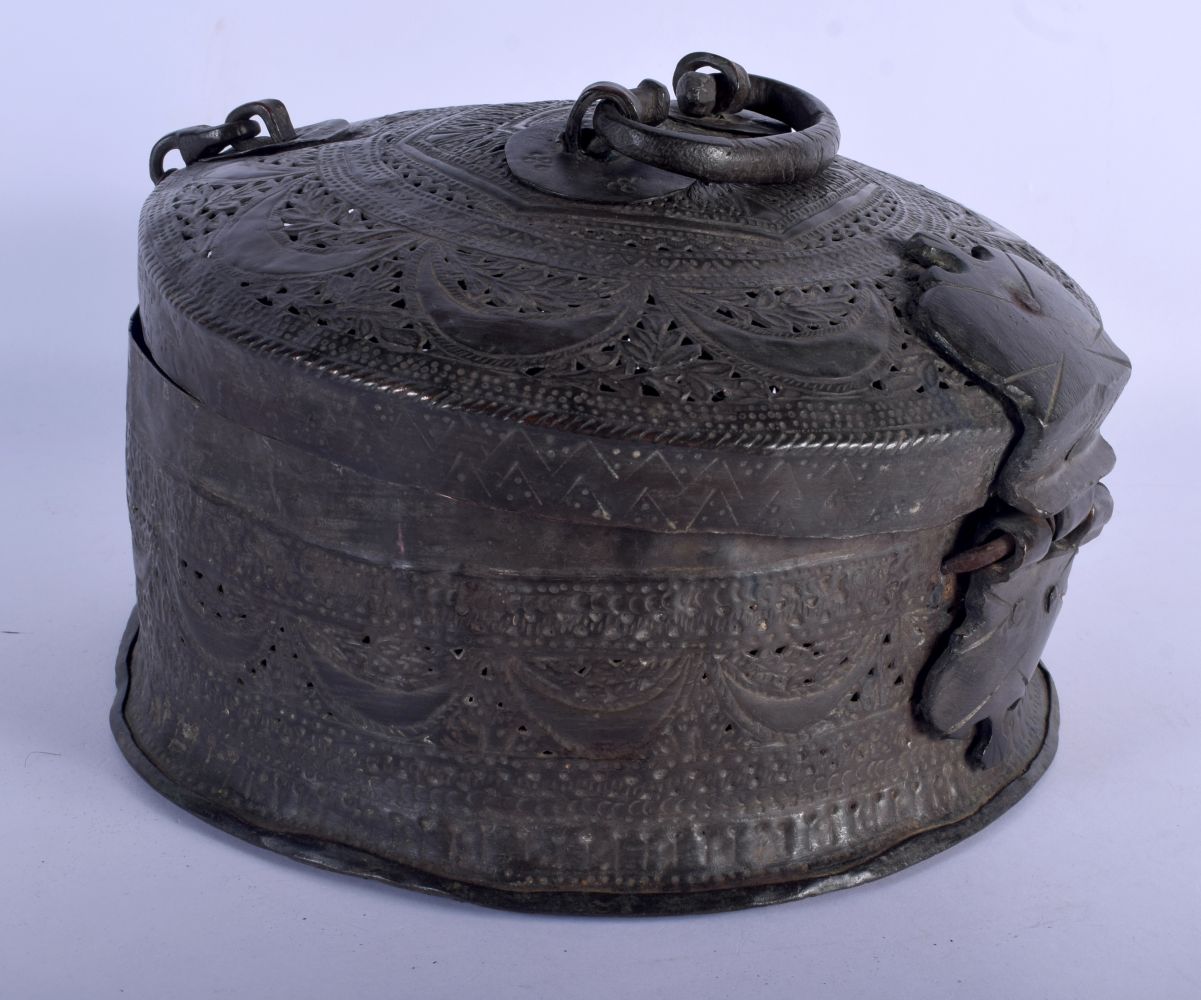 A LARGE 19TH CENTURY INDIAN PANDAN METAL SPICE BOX decorated with crescent moon motifs etc. 24 cm x - Image 2 of 4