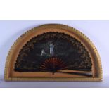 A FRAMED 19TH CENTURY FRENCH PAINTED TORTOISESHELL AND LACE FAN painted with figures within landscap