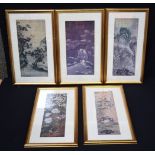 A collection of framed Chinese prints of scrolls 45 x 22cm (5).