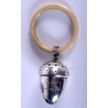 AN ART DECO SILVER ACORN FORM BABIES TEETHING RATTLE. 22 grams. 11 cm x 5 cm.