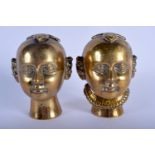 A PAIR OF 19TH CENTURY INDIAN BRONZE HINDU BUDDHISTIC HEADS modelled in necklaces. 12 cm x 8 cm.