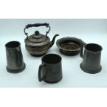 An embossed silver plate tea pot , dish and three Pewter tankards 19cm (5).