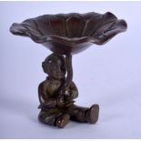 A CHINESE BRONZE FIGURE OF A BOY & LOTUS. 8 cm x 4 cm.