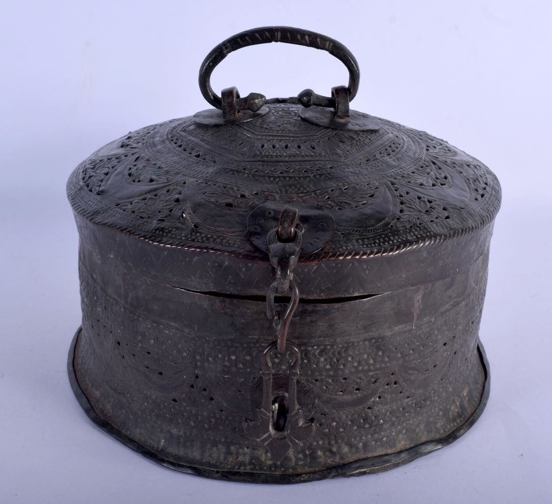 A LARGE 19TH CENTURY INDIAN PANDAN METAL SPICE BOX decorated with crescent moon motifs etc. 24 cm x