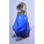 A CONTEMPORARY SILVER PLATED BLUE GLASS MONKEY CLARET JUG. 21 cm high.