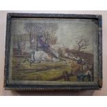 A rare antique jigsaw puzzle on wooden cubes of horse and hunting scenes 18 x 14cm.