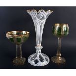 A LARGE ANTIQUE BOHEMIAN WHITE ENAMELLED GLASS VASE together with two green & gilt glasses. Largest