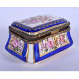 AN ANTIQUE CONTINENTAL PORCELAIN BOX painted with flowers. 6 cm x 4 cm.