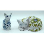 A Pottery Glazed cat with an elaborate flower pattern together with another ceramic cat 19cm (2)
