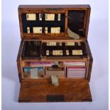 A FINE ANTIQUE THE FOSTER WALNUT GAMING BOX containing whist markers and cards. 23 cm x 14 cm.
