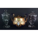 A PAIR OF BOHEMIAN GLASS CUPS AND COVERS together with a twin handled bowl. Largest 13 cm x 15 cm. (