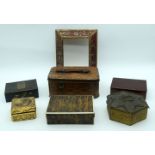 A Collection of metal and wooden boxes and a gilt frame 21 cm (7).