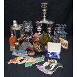 Miscellaneous group of Metal candle sticks, cocktail shaker, lacquer boxes etc (7)
