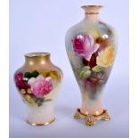 Royal Worcester four footed baluster vase painted with Hadley style pink and yellow roses, date mark