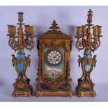 A LARGE 19TH CENTURY FRENCH SEVRES PORCELAIN AND BRONZE CLOCK GARNITURE painted with figures in vari