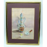Framed water colour of a coffee pot decorated with dragons 27 x 19 cm