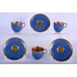 Royal Worcester set of three demi-tasse powder blue cups and saucers with gilt decoration date code