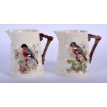 Royal Worcester barrel shaped jug painted with a bullfinch and another jug painted with a chaffinch