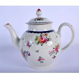 Liverpool teapot and cover painted with coloured flowers under a blue and gilt border. 23cm long an