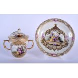 A 19TH CENTURY MEISSEN AUGUSTUS REX PORCELAIN TWIN HANDLED CUP AND SAUCER painted with panels of fig