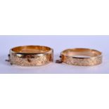 TWO 9CT GOLD PLATED BANGLES. 43 grams. 6.5 cm x 5.5 cm. (2)