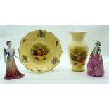 An Ainsley Orchard gold pattern vase and a dish 23cm together with two figures(2).