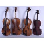 FOUR VINTAGE VIOLINS. (4)