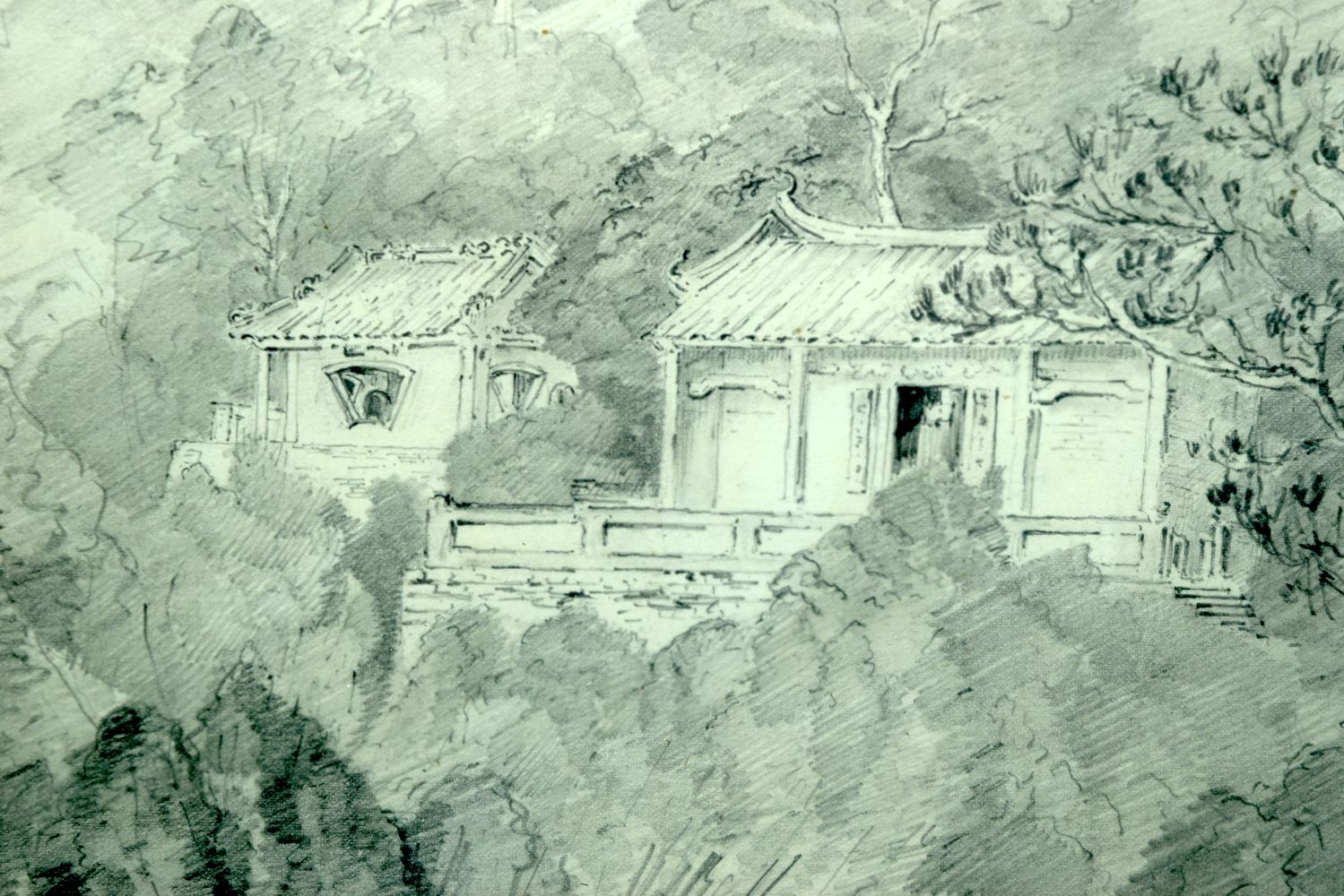 Thomas Boswell 1815-1860 Charcoal of the Temple at Castle Peak, Hong Kong 23 x30cm - Image 3 of 4