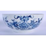 18th c. Liverpool bowl painted in blue with a fence, bamboo and chrysanthemum. 18.5cm diameter