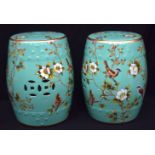 A pair of Chinese porcelain garden seats decorated with foliage and birds 45cm (2)