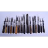 A COLLECTION OF MAINLY 19TH CENTURY CARVED RHINOCEROS HORN HANDLED CUTLERY together with some others