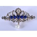 AN ANTIQUE YELLOW METAL PEARL AND LAPIS LAZULI BROOCH. 8 grams. 5 cm x 3 cm.