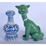 AN 18TH CENTURY DUTCH DELFT TIN GLAZED VASE together with a Masonic Cat. Largest 22 cm high. (2)