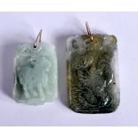 TWO CHINESE 9CT GOLD MOUNTED JADE PENDANTS 20th Century. Largest 3 cm x 2 cm. (2)