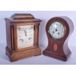 AN EDWARDIAN J W BENSON OAK MANTEL CLOCK together with Edwardian mantel clock. Largest 33 cm x 16 cm