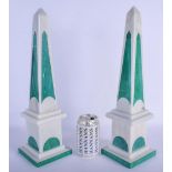 A LARGE PAIR OF CONTEMPORARY INDIAN MALACHITE OBELISKS. 42 cm high.