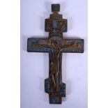 AN EARLY 18TH CENTURY RUSSIAN ORTHODOX ENAMELLED BRONZE CRUCIFIX. 15 cm x 7 cm.