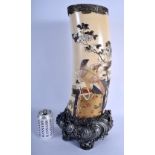 A RARE LARGE 19TH CENTURY JAPANESE MEIJI PERIOD SILVER MOUNTED SHIBAYAMA IVORY TUSK VASE decorated i