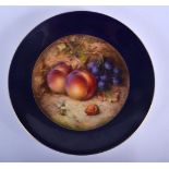 Royal Worcester blue ground plate painted with plums and grapes by R. Sebright, signed, date mark 19